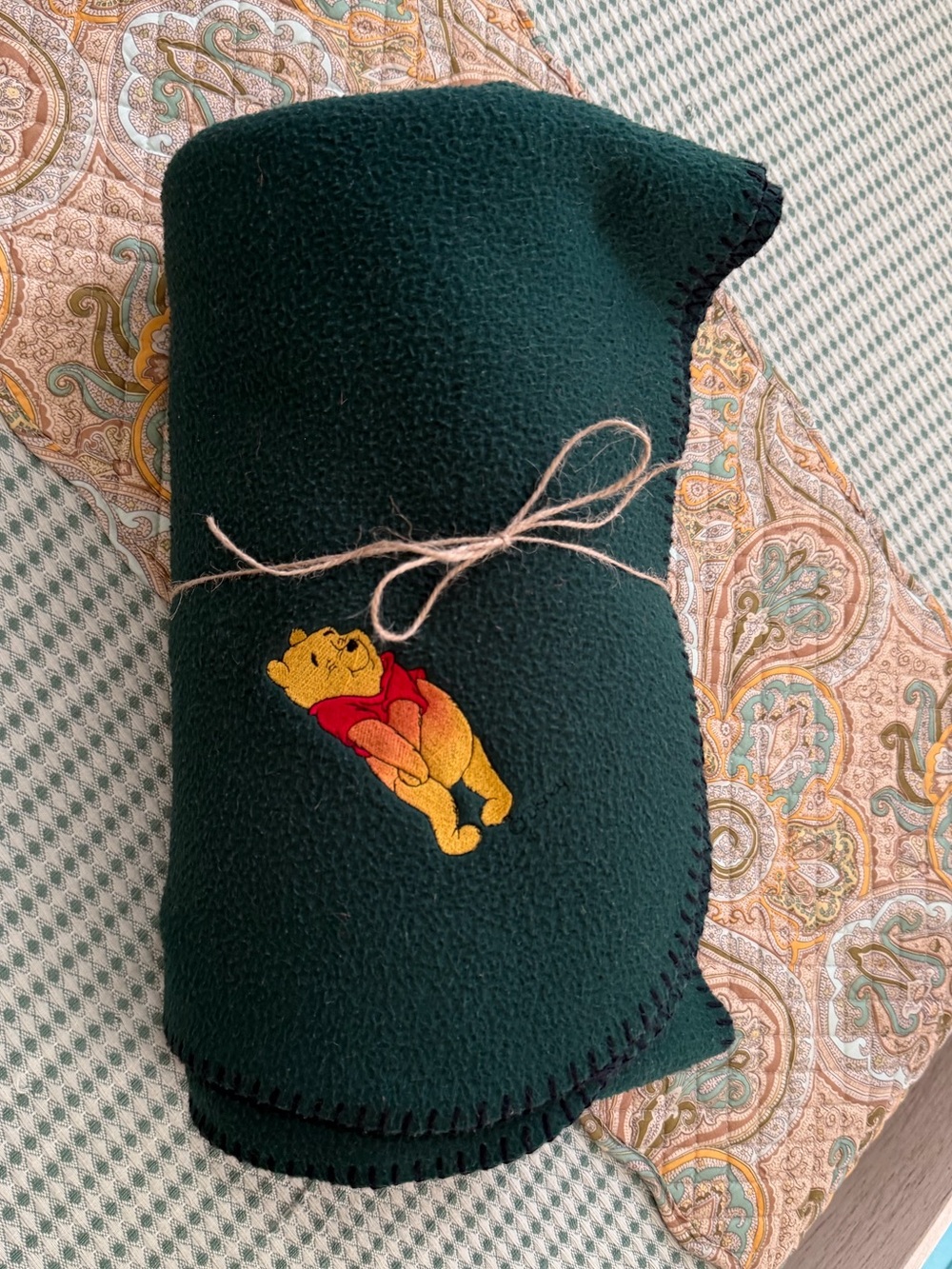 Vintage 90s Disney Winnie the Pooh Green Fleece Blanket Throw Rare Embroidered
I